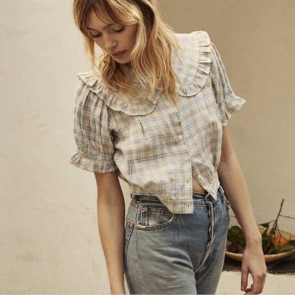 NWT Doen Sparrow Ramie Ruffle Collar Button Crop Top Meadowlark Plaid Blue - Picture 3 of 12